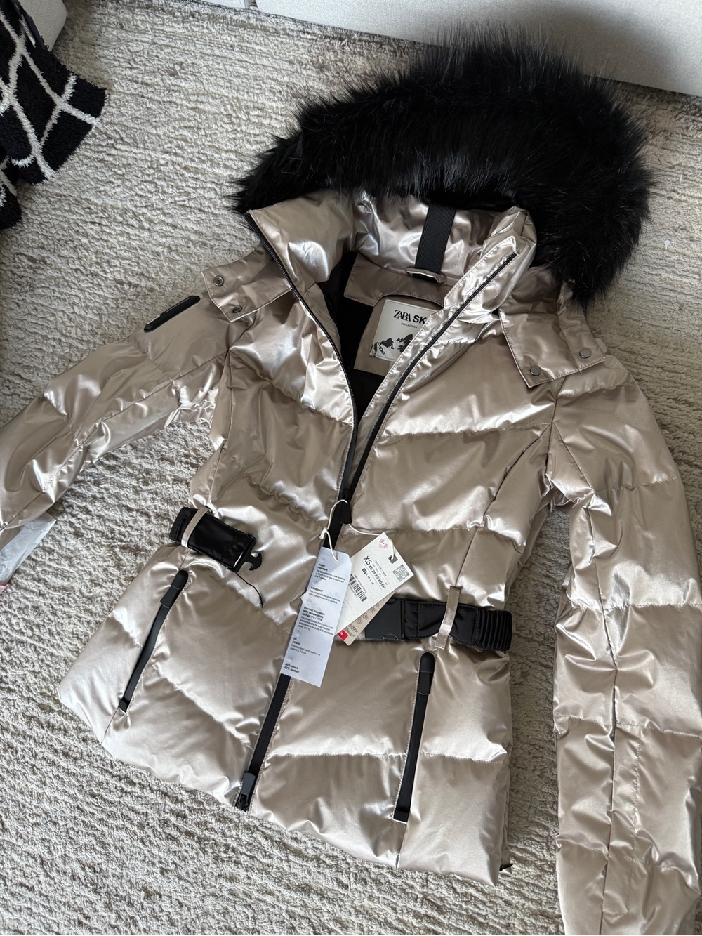 Metallic Champagne Puffer Jacket with Black Faux Fur Hood
